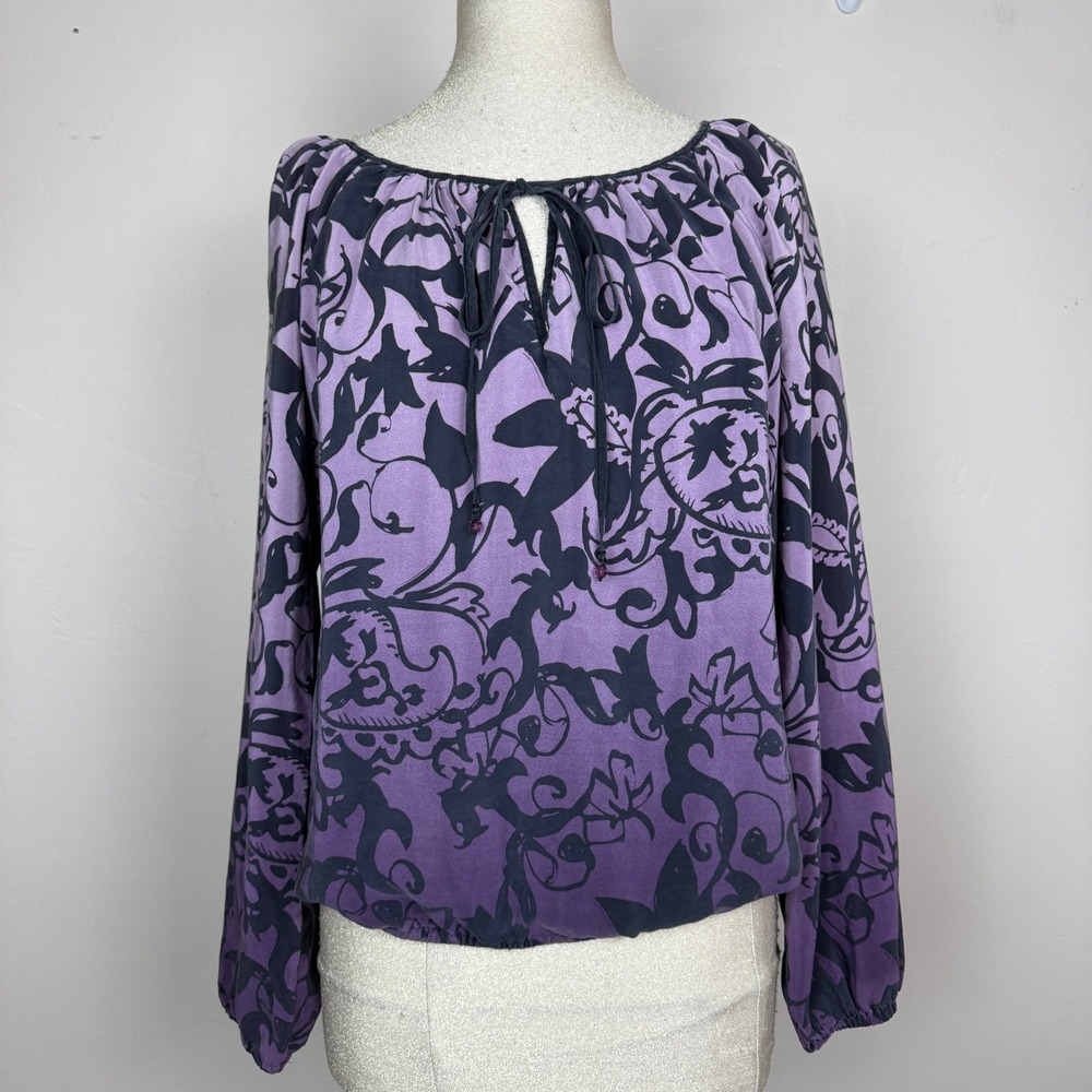 Karen Kane Silk Blouse Women L Purple Black Abstract Floral Keyhole Tie Top Boho